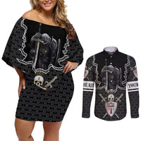 Personalised Knights Templar Warrior Skull Couples Matching Off Shoulder Short Dress and Long Sleeve Button Shirts - Wonder Print Shop