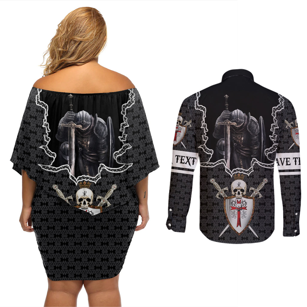 Personalised Knights Templar Warrior Skull Couples Matching Off Shoulder Short Dress and Long Sleeve Button Shirts - Wonder Print Shop