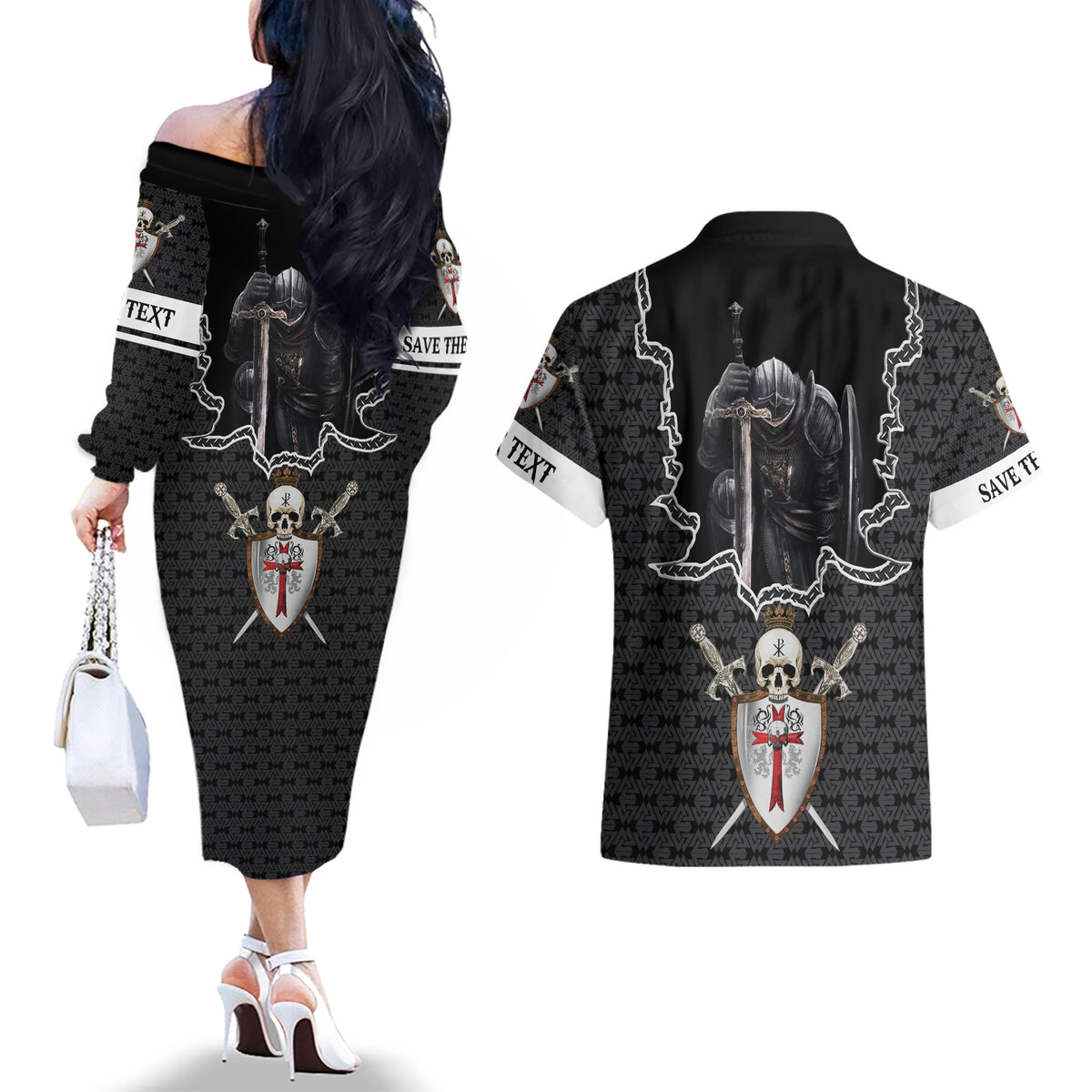 Personalised Knights Templar Warrior Skull Couples Matching Off The Shoulder Long Sleeve Dress and Hawaiian Shirt - Wonder Print Shop