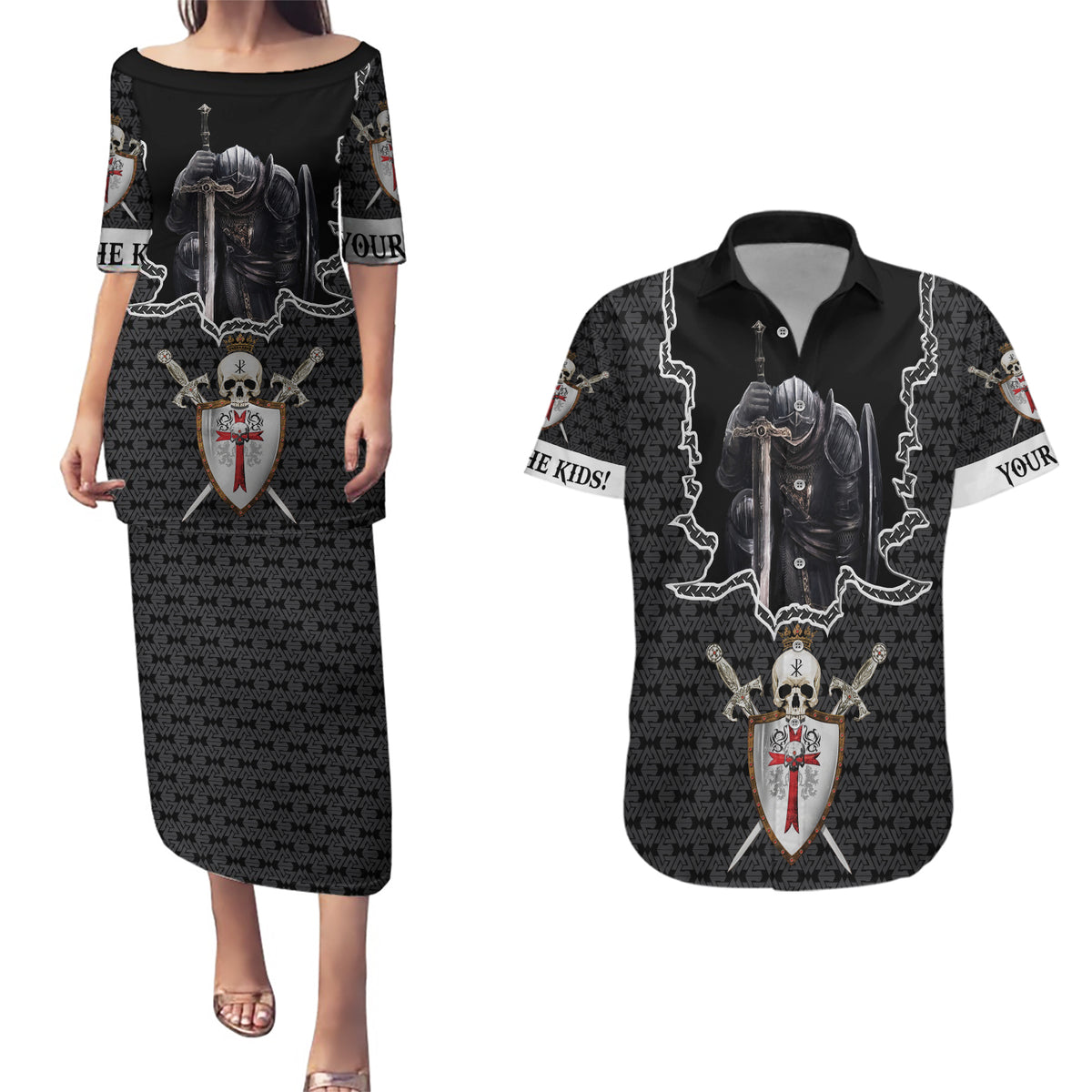 Personalised Knights Templar Warrior Skull Couples Matching Puletasi Dress and Hawaiian Shirt - Wonder Print Shop