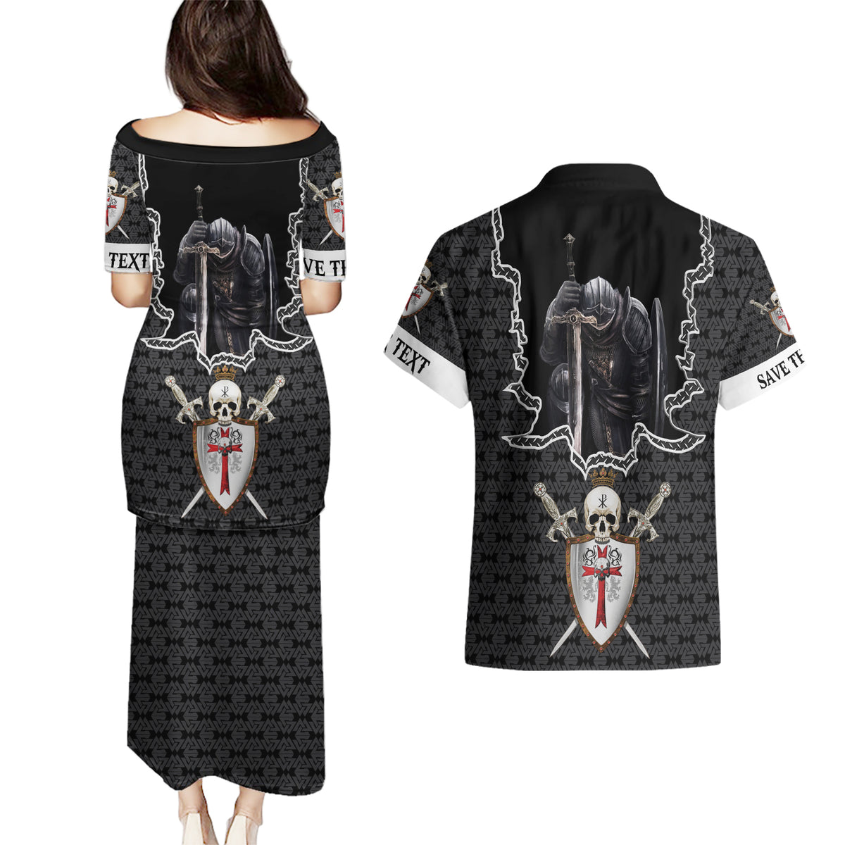 Personalised Knights Templar Warrior Skull Couples Matching Puletasi Dress and Hawaiian Shirt - Wonder Print Shop
