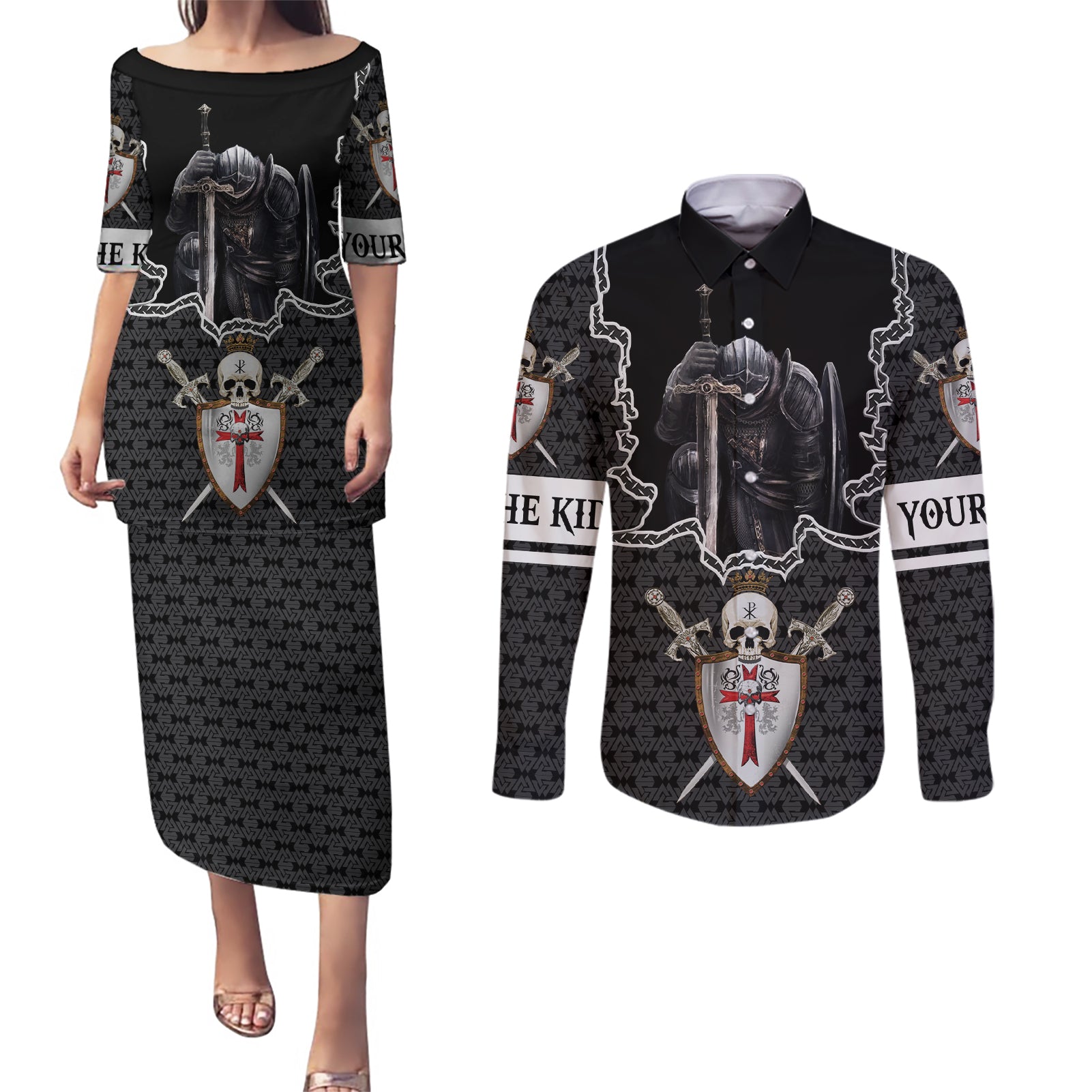 Personalised Knights Templar Warrior Skull Couples Matching Puletasi Dress and Long Sleeve Button Shirts - Wonder Print Shop
