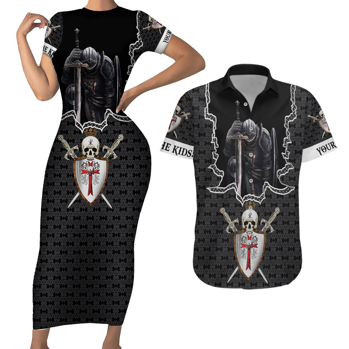 Personalised Knights Templar Warrior Skull Couples Matching Short Sleeve Bodycon Dress and Hawaiian Shirt - Wonder Print Shop