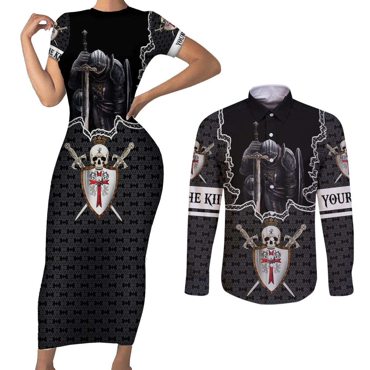 Personalised Knights Templar Warrior Skull Couples Matching Short Sleeve Bodycon Dress and Long Sleeve Button Shirts - Wonder Print Shop