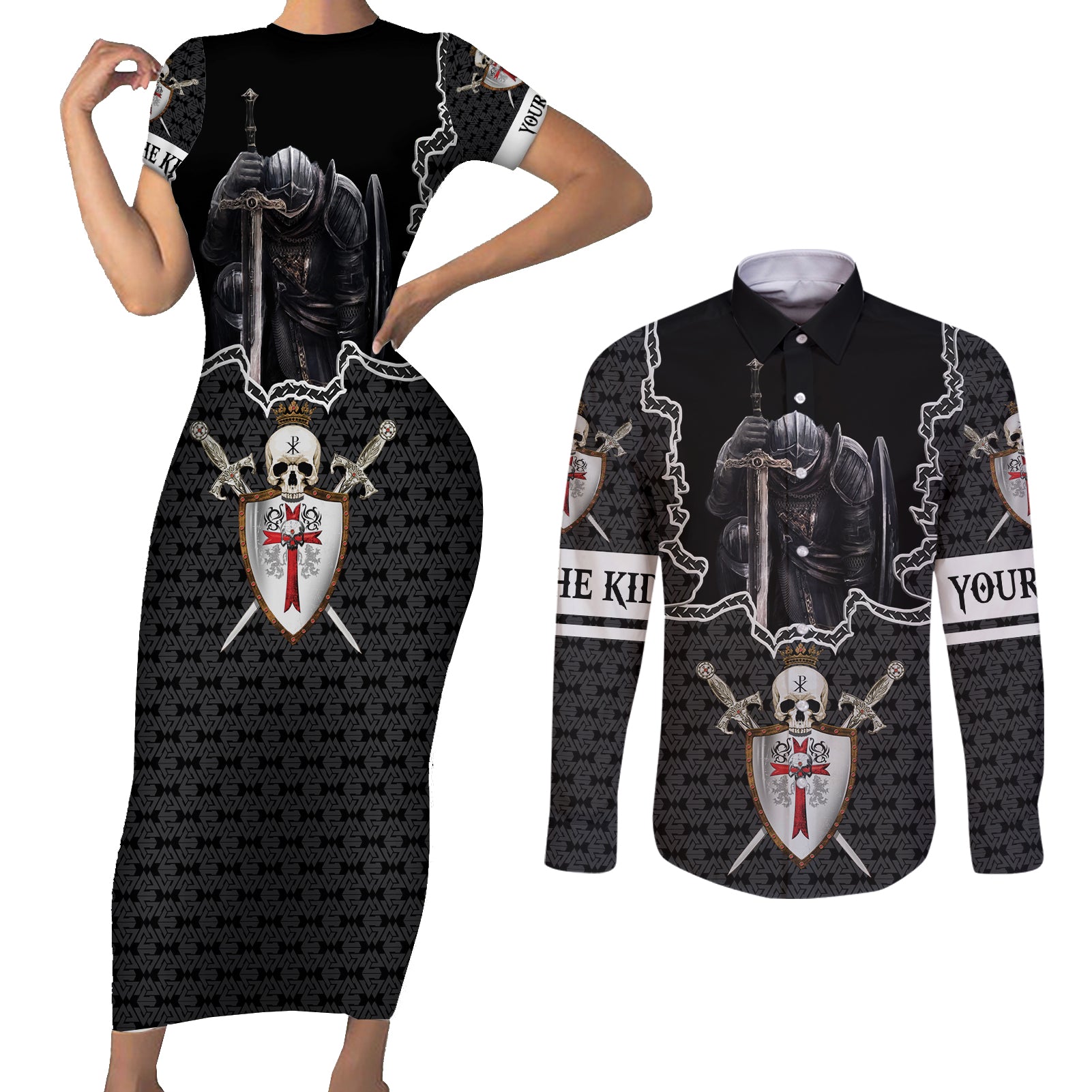 Personalised Knights Templar Warrior Skull Couples Matching Short Sleeve Bodycon Dress and Long Sleeve Button Shirts - Wonder Print Shop