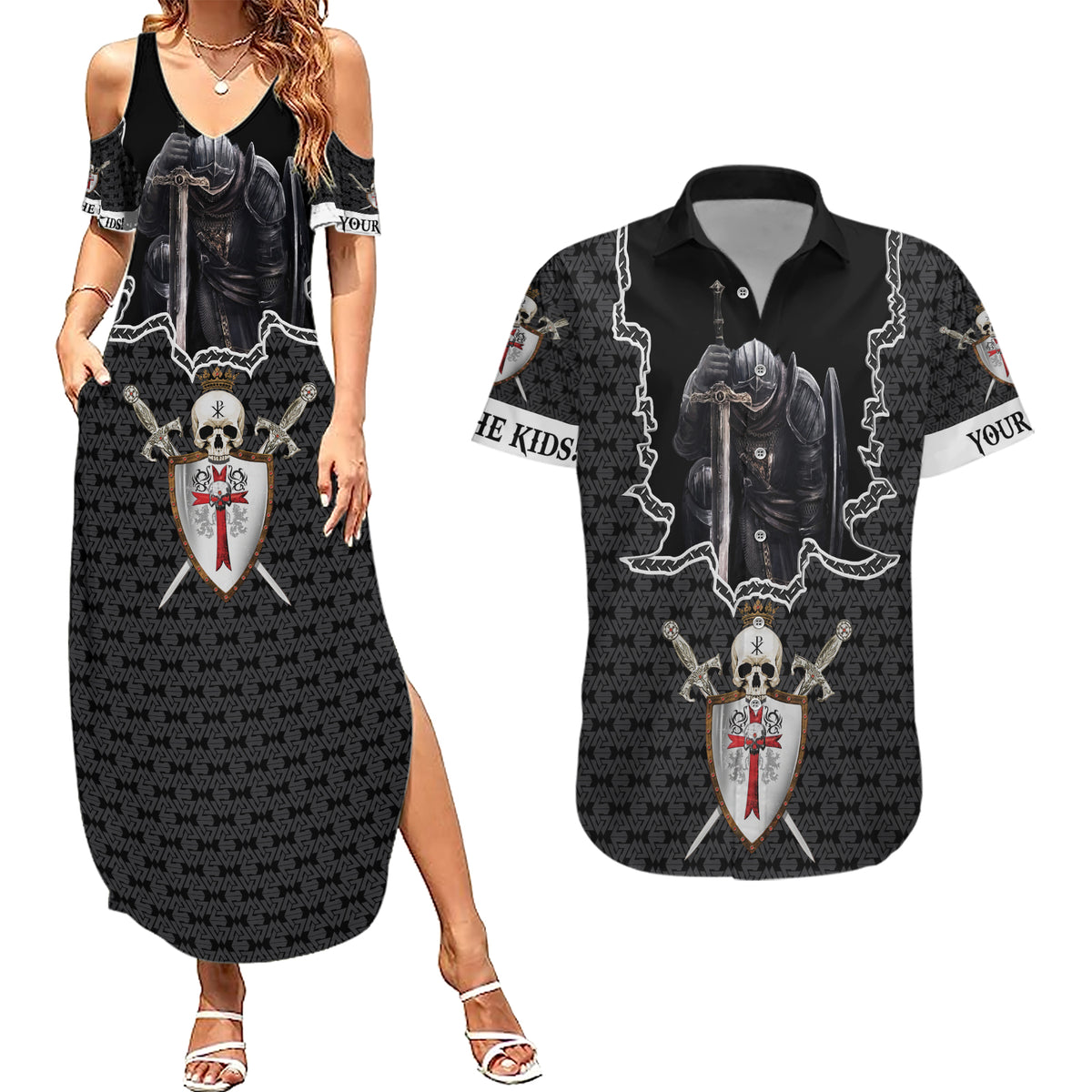 Personalised Knights Templar Warrior Skull Couples Matching Summer Maxi Dress and Hawaiian Shirt - Wonder Print Shop