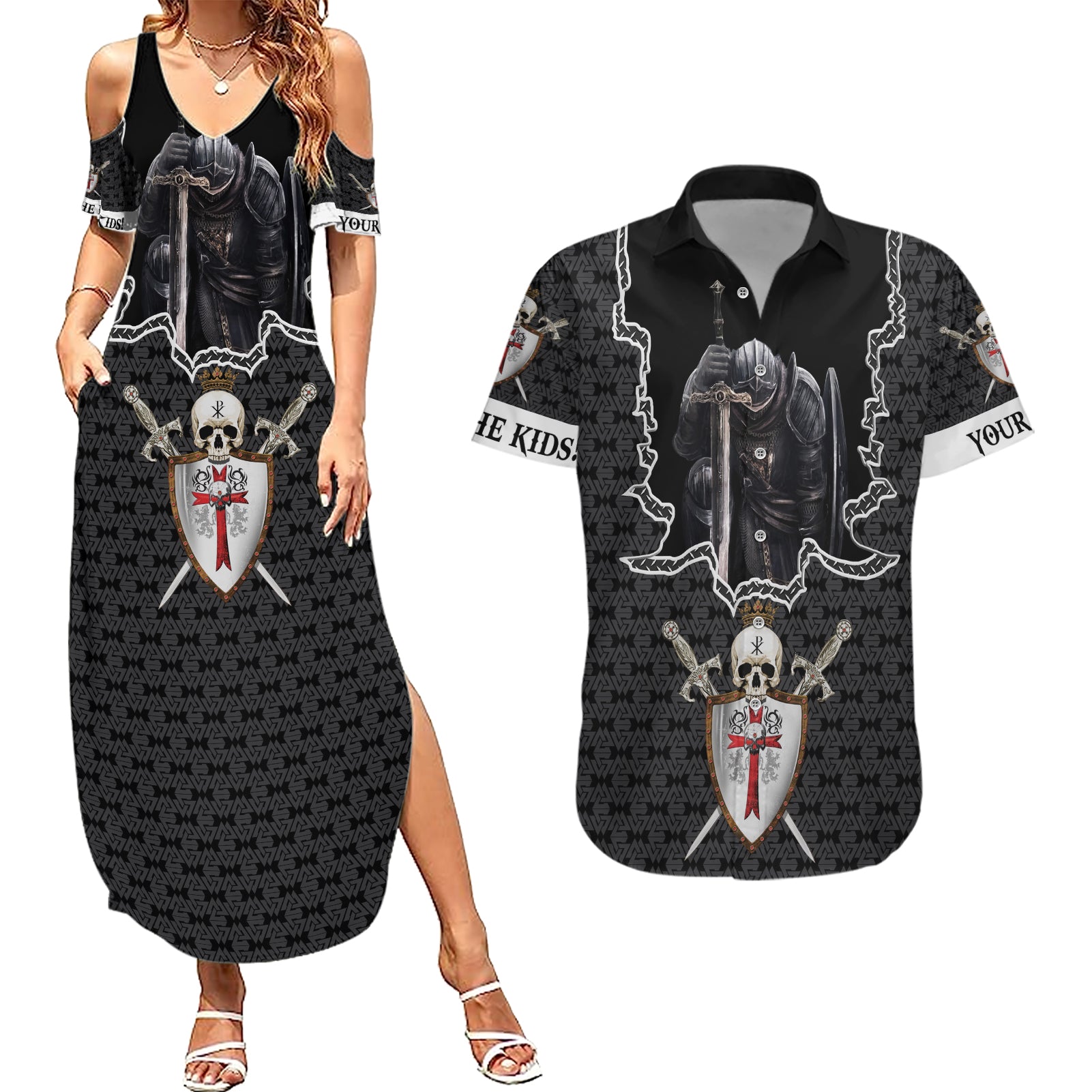 Personalised Knights Templar Warrior Skull Couples Matching Summer Maxi Dress and Hawaiian Shirt - Wonder Print Shop