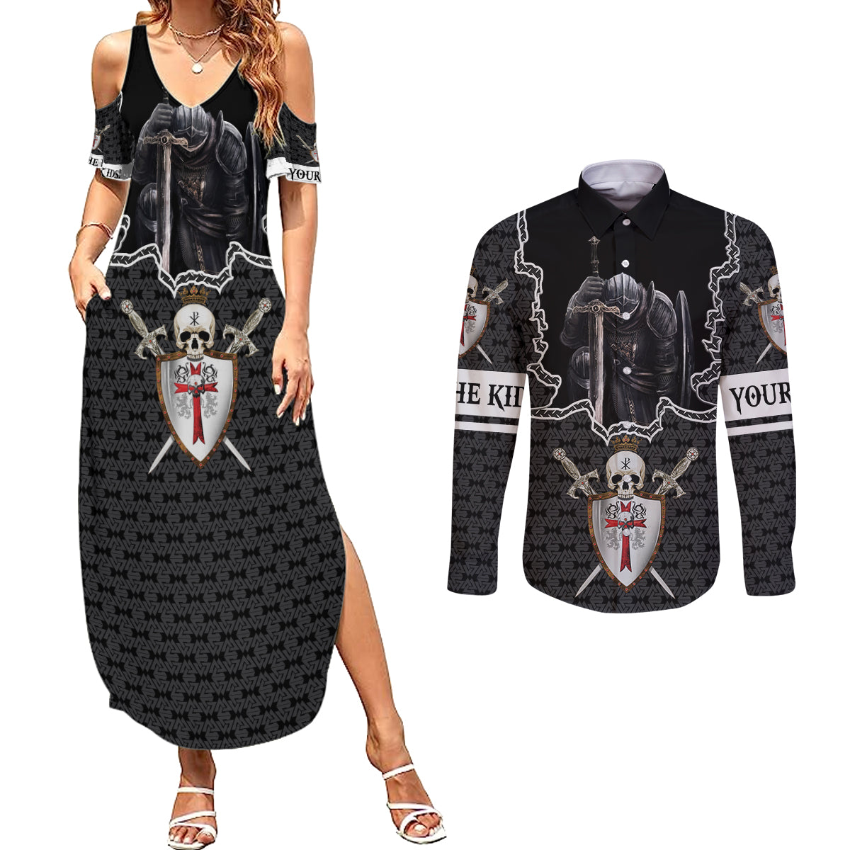 Personalised Knights Templar Warrior Skull Couples Matching Summer Maxi Dress and Long Sleeve Button Shirts - Wonder Print Shop