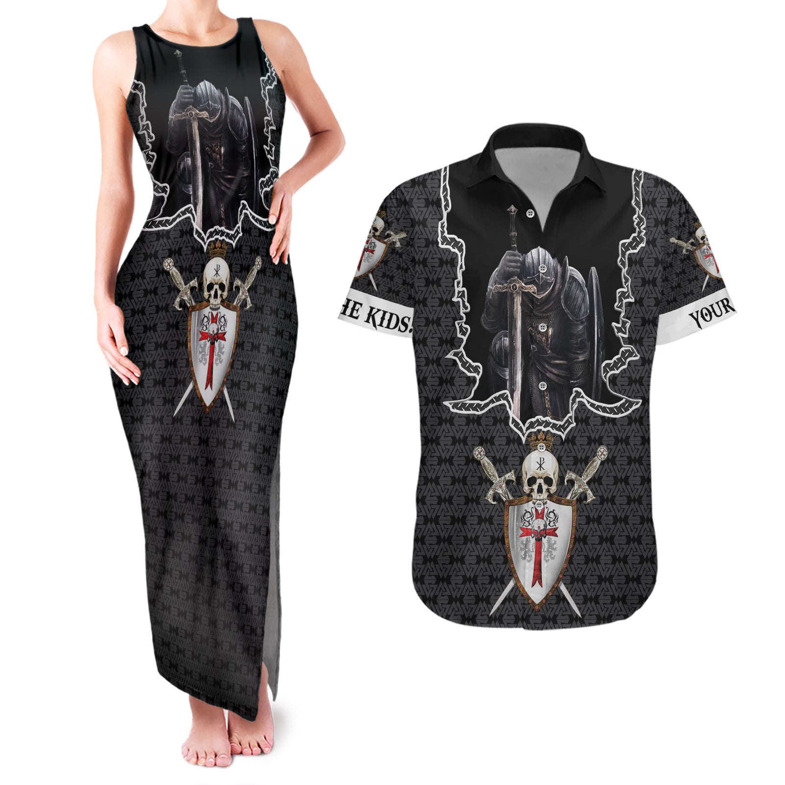 Personalised Knights Templar Warrior Skull Couples Matching Tank Maxi Dress and Hawaiian Shirt - Wonder Print Shop