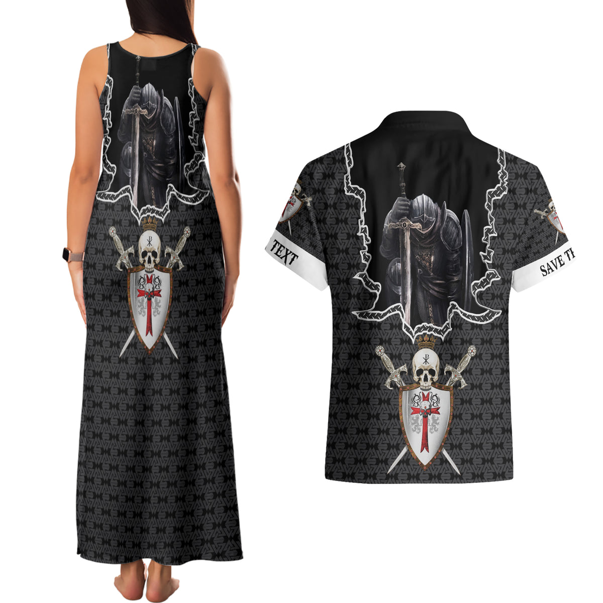 Personalised Knights Templar Warrior Skull Couples Matching Tank Maxi Dress and Hawaiian Shirt - Wonder Print Shop