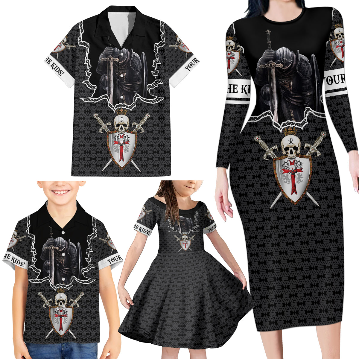Personalised Knights Templar Warrior Skull Family Matching Long Sleeve Bodycon Dress and Hawaiian Shirt - Wonder Print Shop