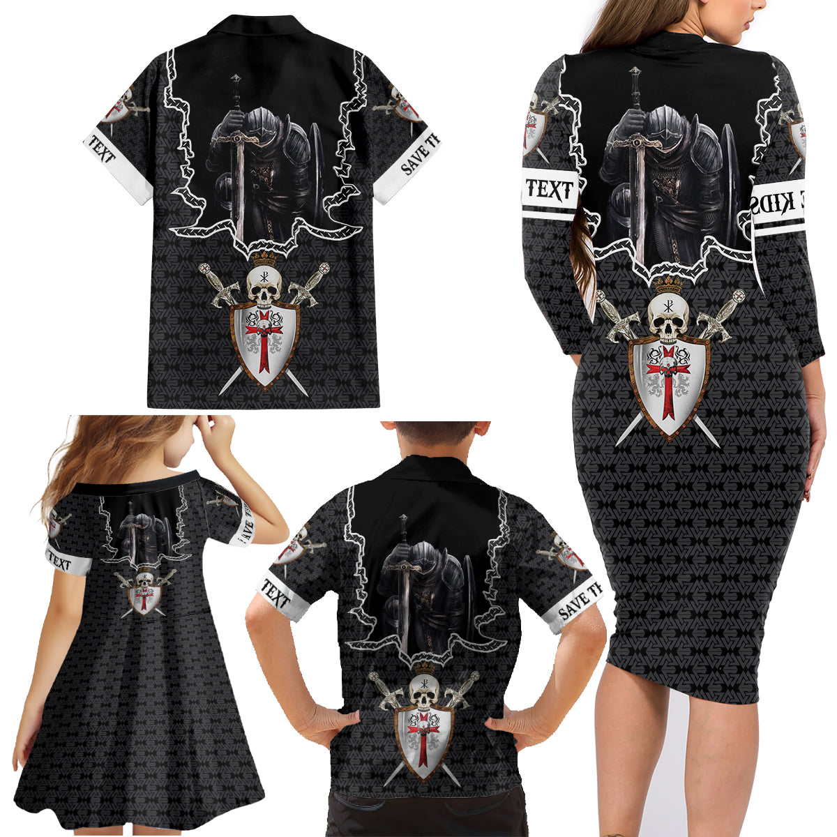 Personalised Knights Templar Warrior Skull Family Matching Long Sleeve Bodycon Dress and Hawaiian Shirt - Wonder Print Shop