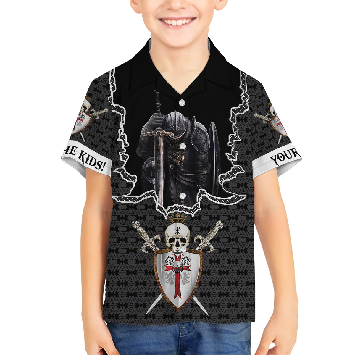 Personalised Knights Templar Warrior Skull Family Matching Long Sleeve Bodycon Dress and Hawaiian Shirt - Wonder Print Shop