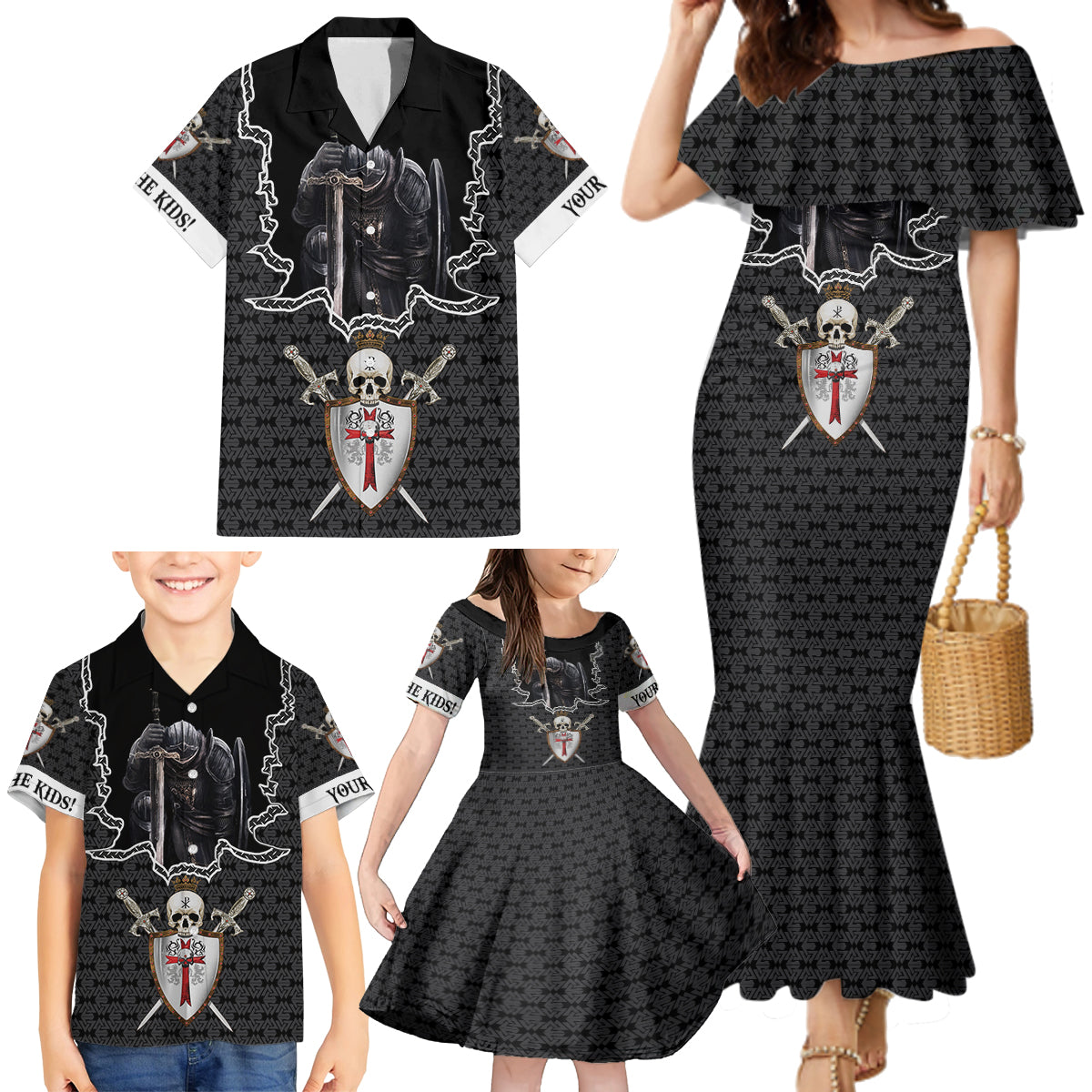 Personalised Knights Templar Warrior Skull Family Matching Mermaid Dress and Hawaiian Shirt - Wonder Print Shop