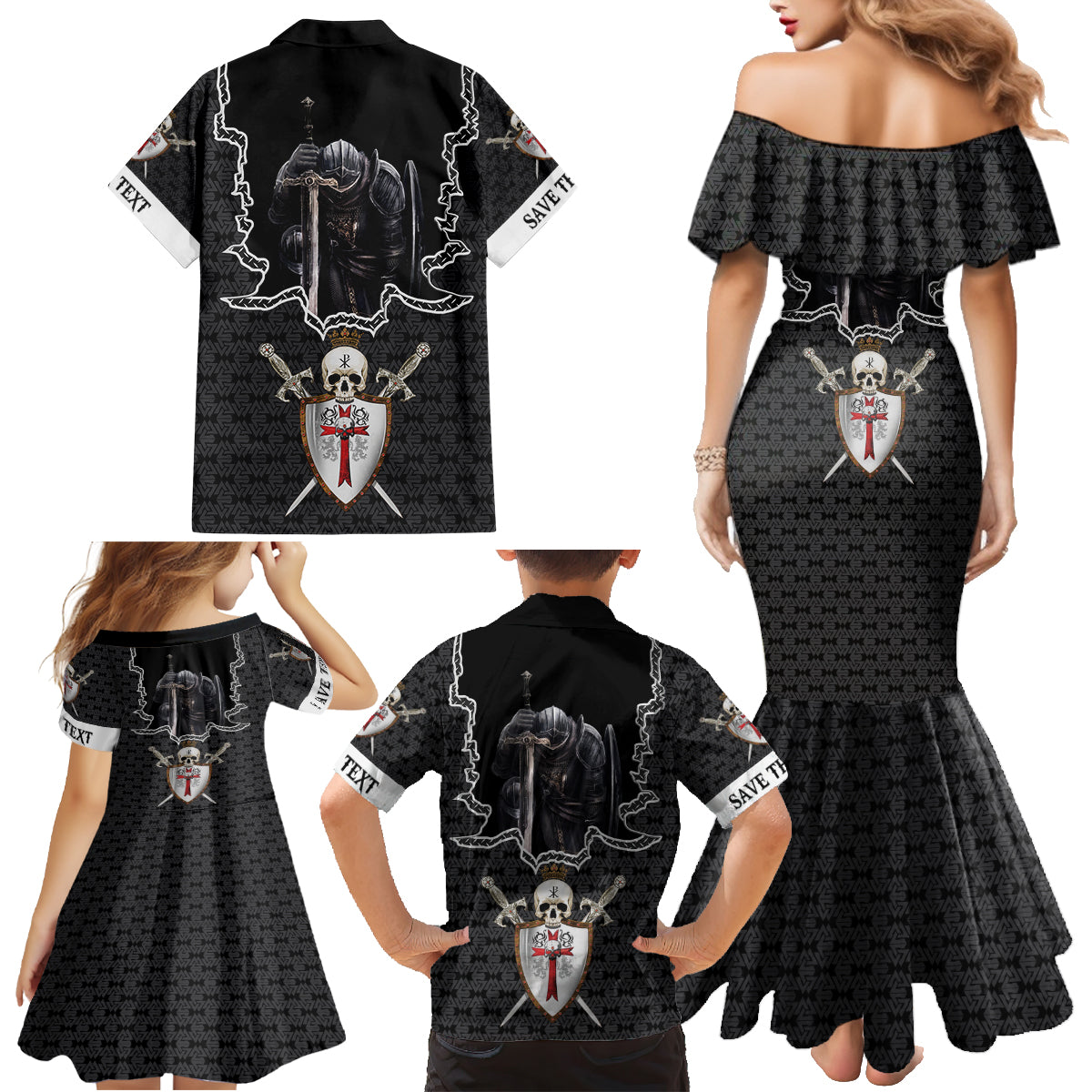 Personalised Knights Templar Warrior Skull Family Matching Mermaid Dress and Hawaiian Shirt - Wonder Print Shop