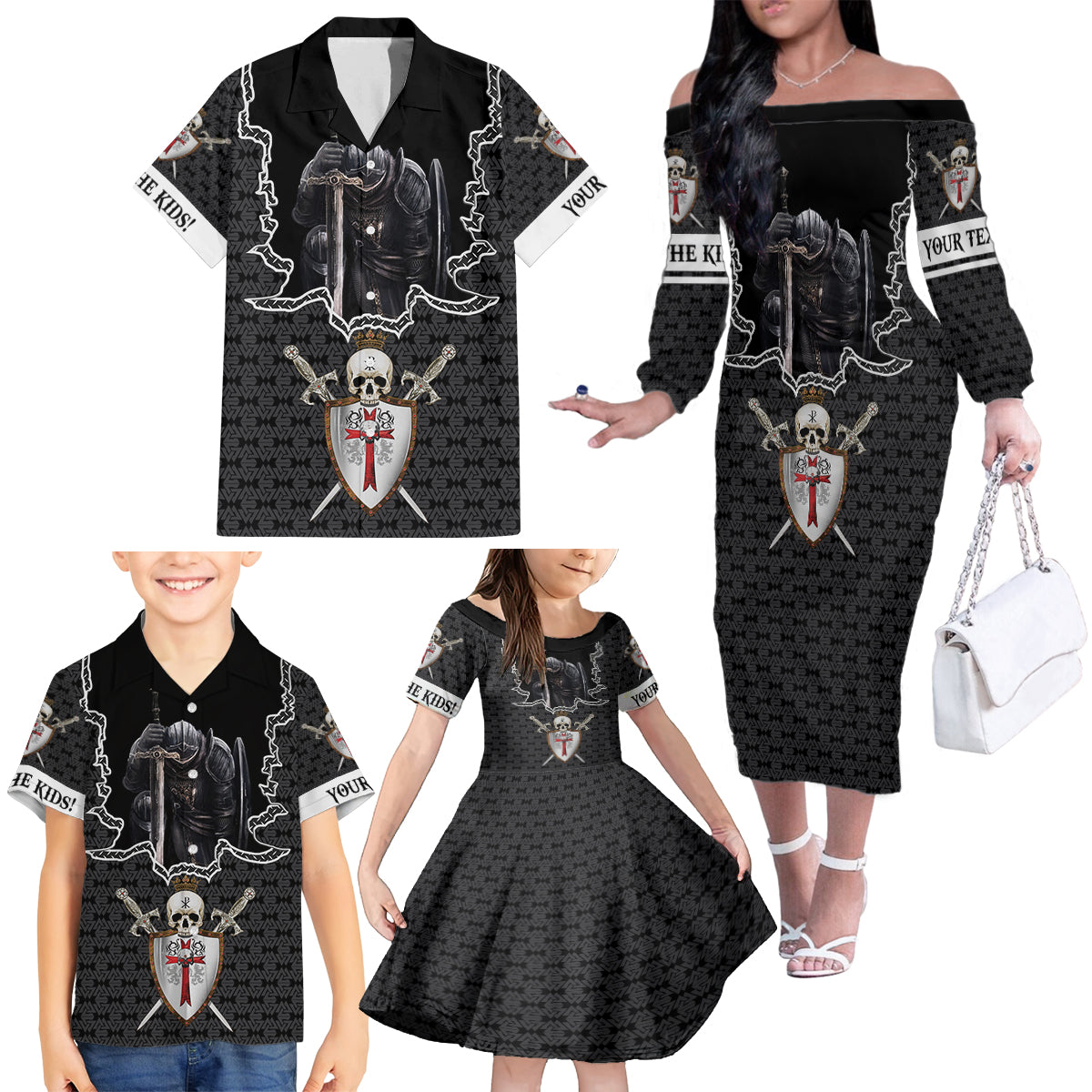 Personalised Knights Templar Warrior Skull Family Matching Off Shoulder Long Sleeve Dress and Hawaiian Shirt - Wonder Print Shop