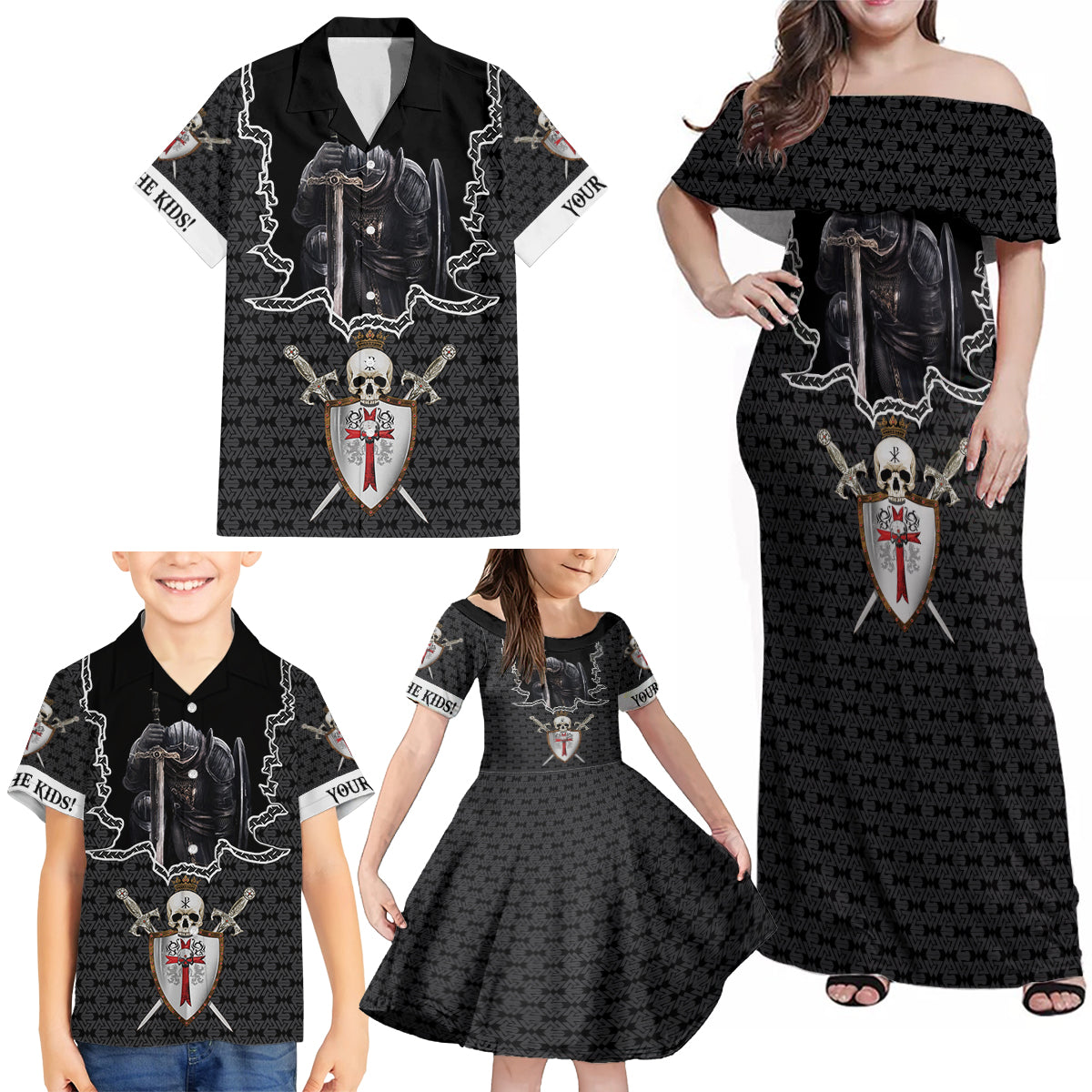 Personalised Knights Templar Warrior Skull Family Matching Off Shoulder Maxi Dress and Hawaiian Shirt - Wonder Print Shop