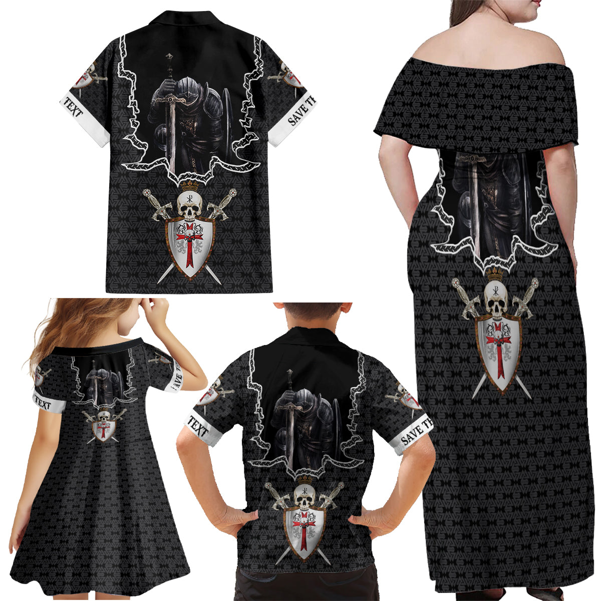 Personalised Knights Templar Warrior Skull Family Matching Off Shoulder Maxi Dress and Hawaiian Shirt - Wonder Print Shop