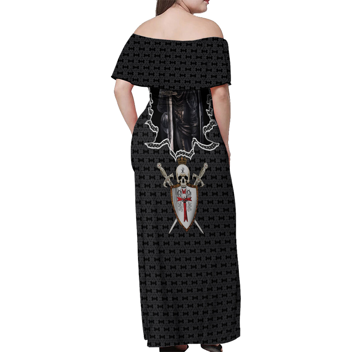 Personalised Knights Templar Warrior Skull Family Matching Off Shoulder Maxi Dress and Hawaiian Shirt - Wonder Print Shop