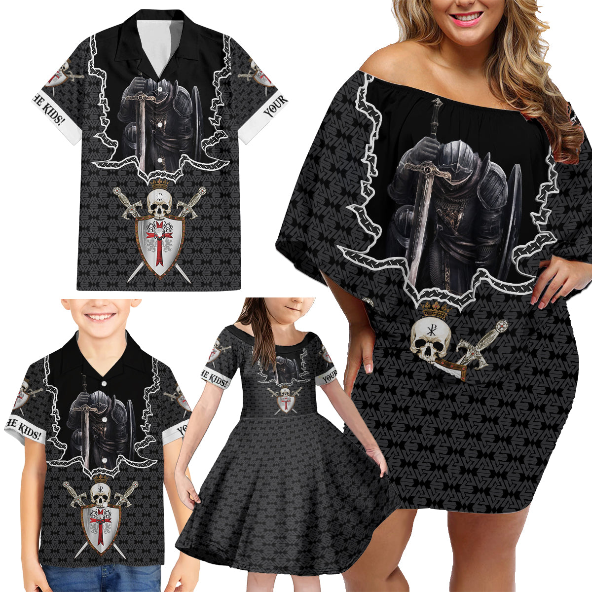 Personalised Knights Templar Warrior Skull Family Matching Off Shoulder Short Dress and Hawaiian Shirt - Wonder Print Shop