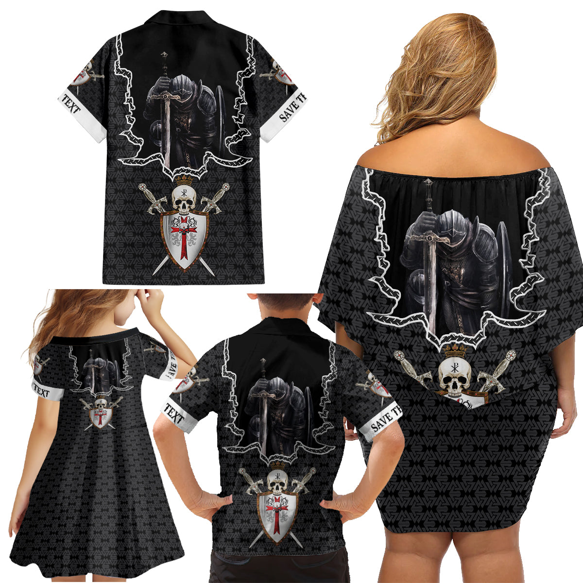 Personalised Knights Templar Warrior Skull Family Matching Off Shoulder Short Dress and Hawaiian Shirt - Wonder Print Shop