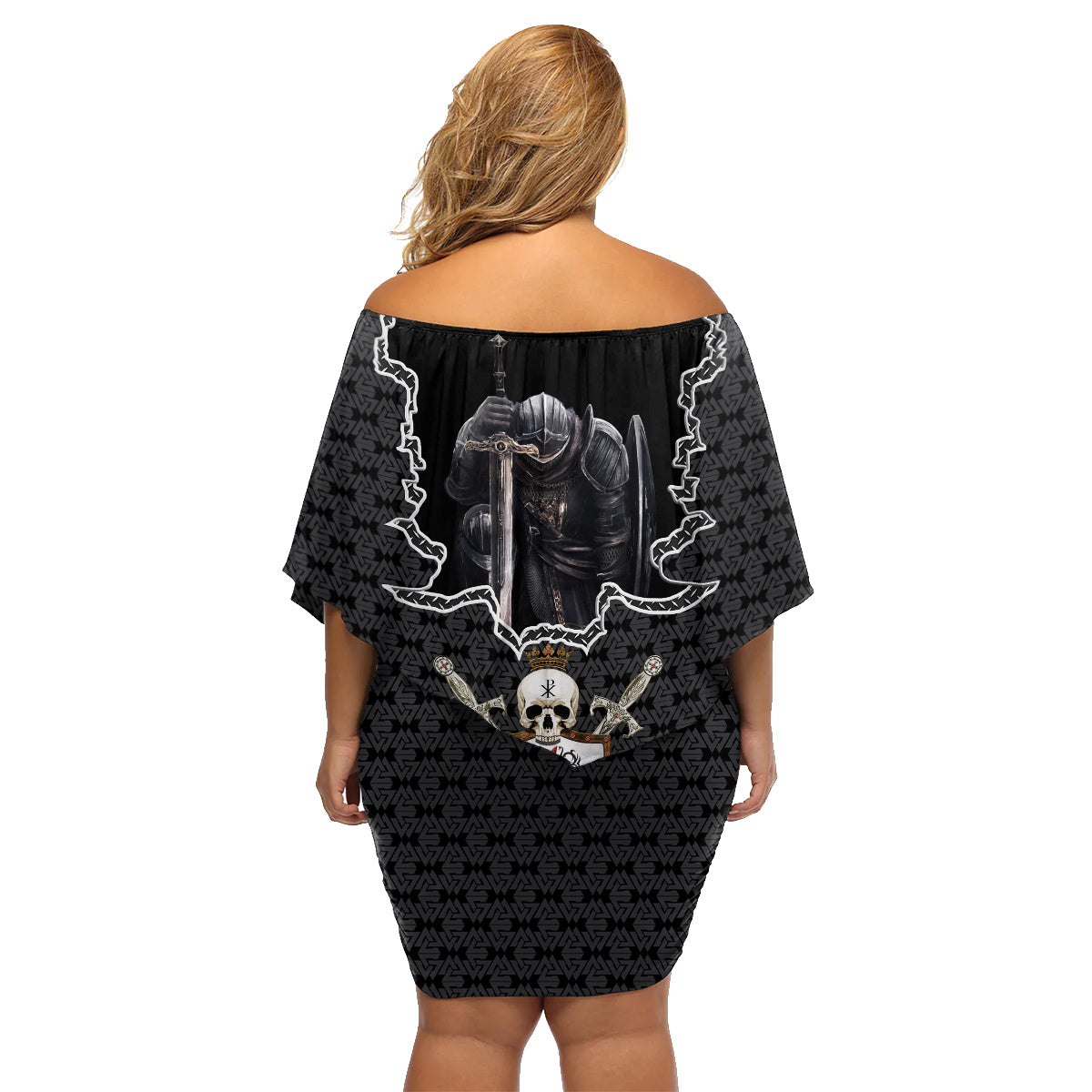 Personalised Knights Templar Warrior Skull Family Matching Off Shoulder Short Dress and Hawaiian Shirt - Wonder Print Shop