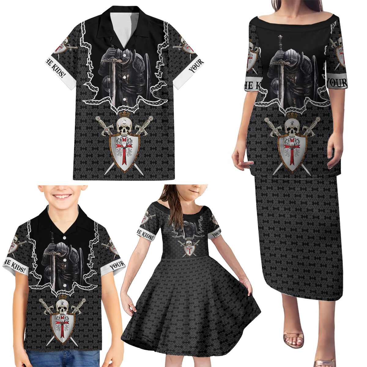 Personalised Knights Templar Warrior Skull Family Matching Puletasi Dress and Hawaiian Shirt - Wonder Print Shop