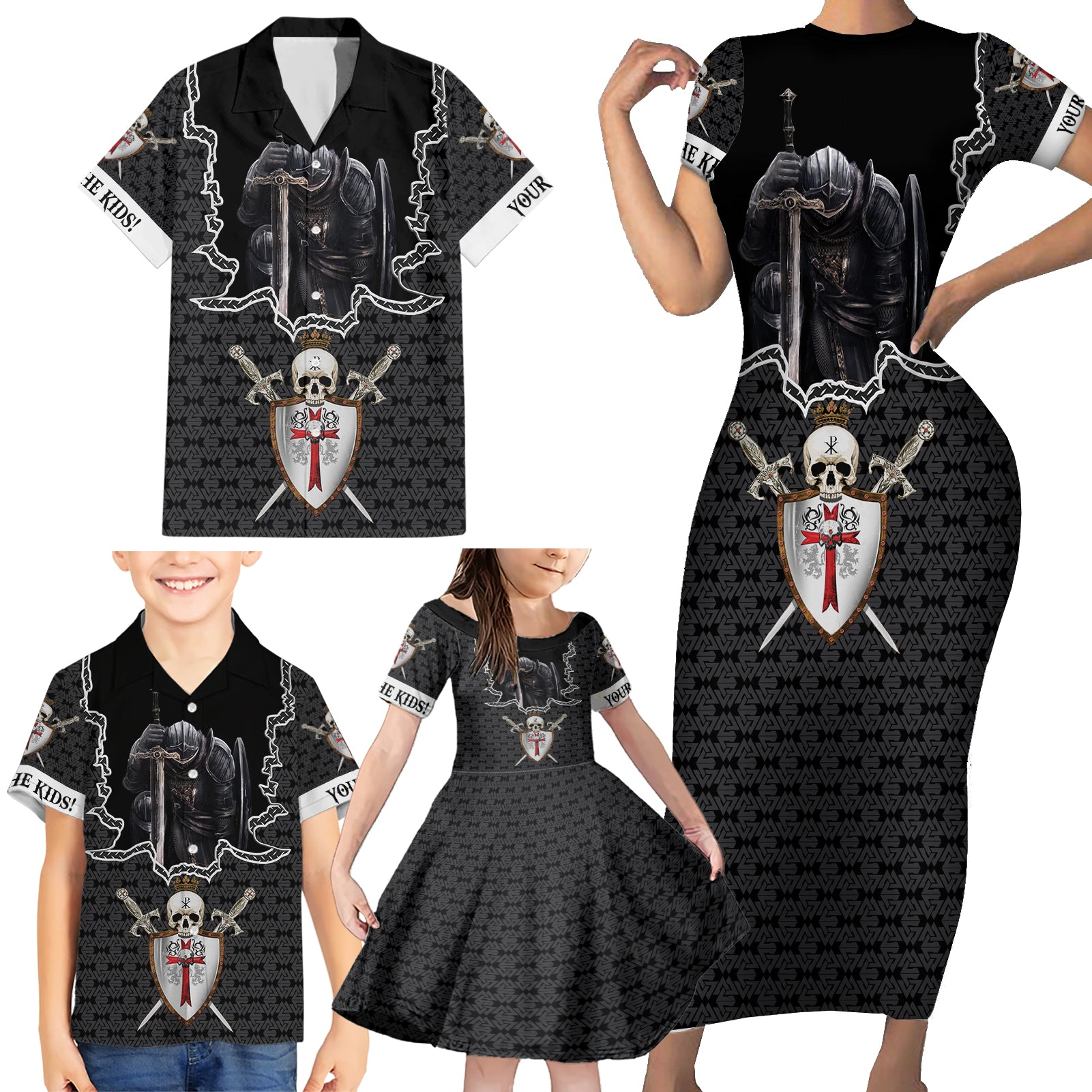 Personalised Knights Templar Warrior Skull Family Matching Short Sleeve Bodycon Dress and Hawaiian Shirt - Wonder Print Shop
