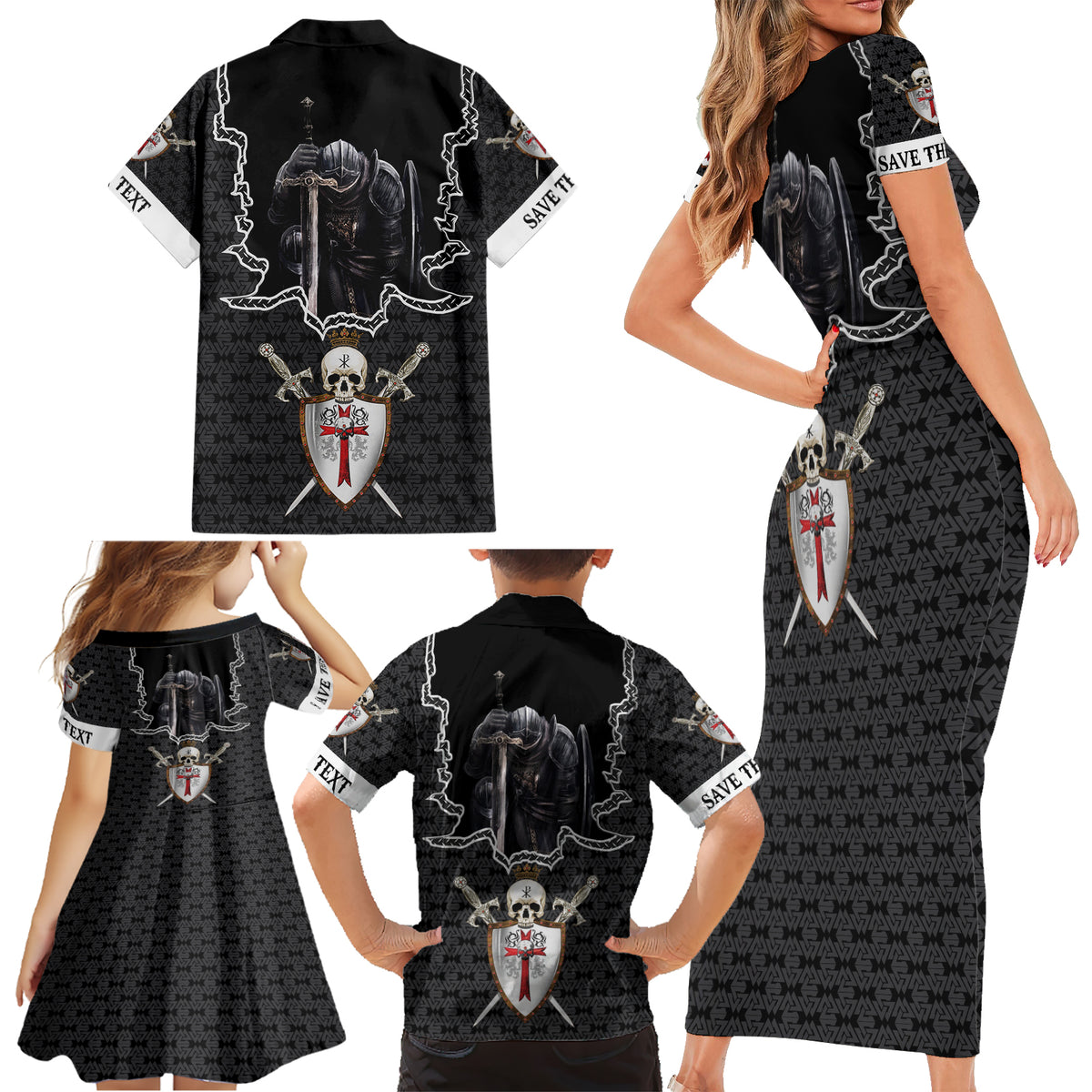 Personalised Knights Templar Warrior Skull Family Matching Short Sleeve Bodycon Dress and Hawaiian Shirt - Wonder Print Shop