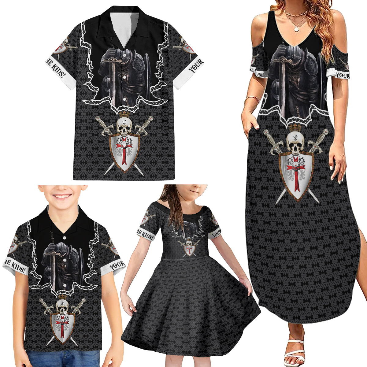 Personalised Knights Templar Warrior Skull Family Matching Summer Maxi Dress and Hawaiian Shirt - Wonder Print Shop