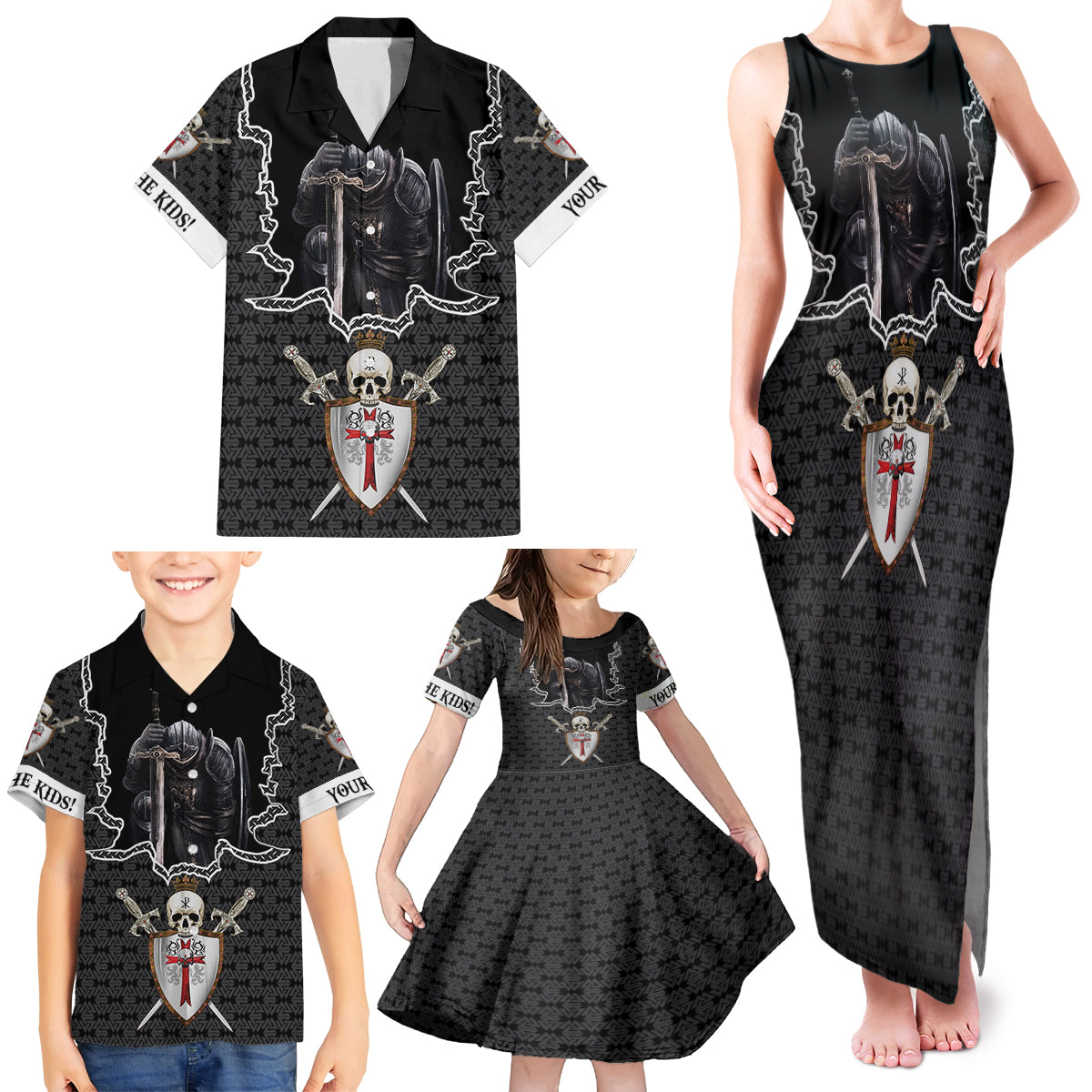 Personalised Knights Templar Warrior Skull Family Matching Tank Maxi Dress and Hawaiian Shirt - Wonder Print Shop