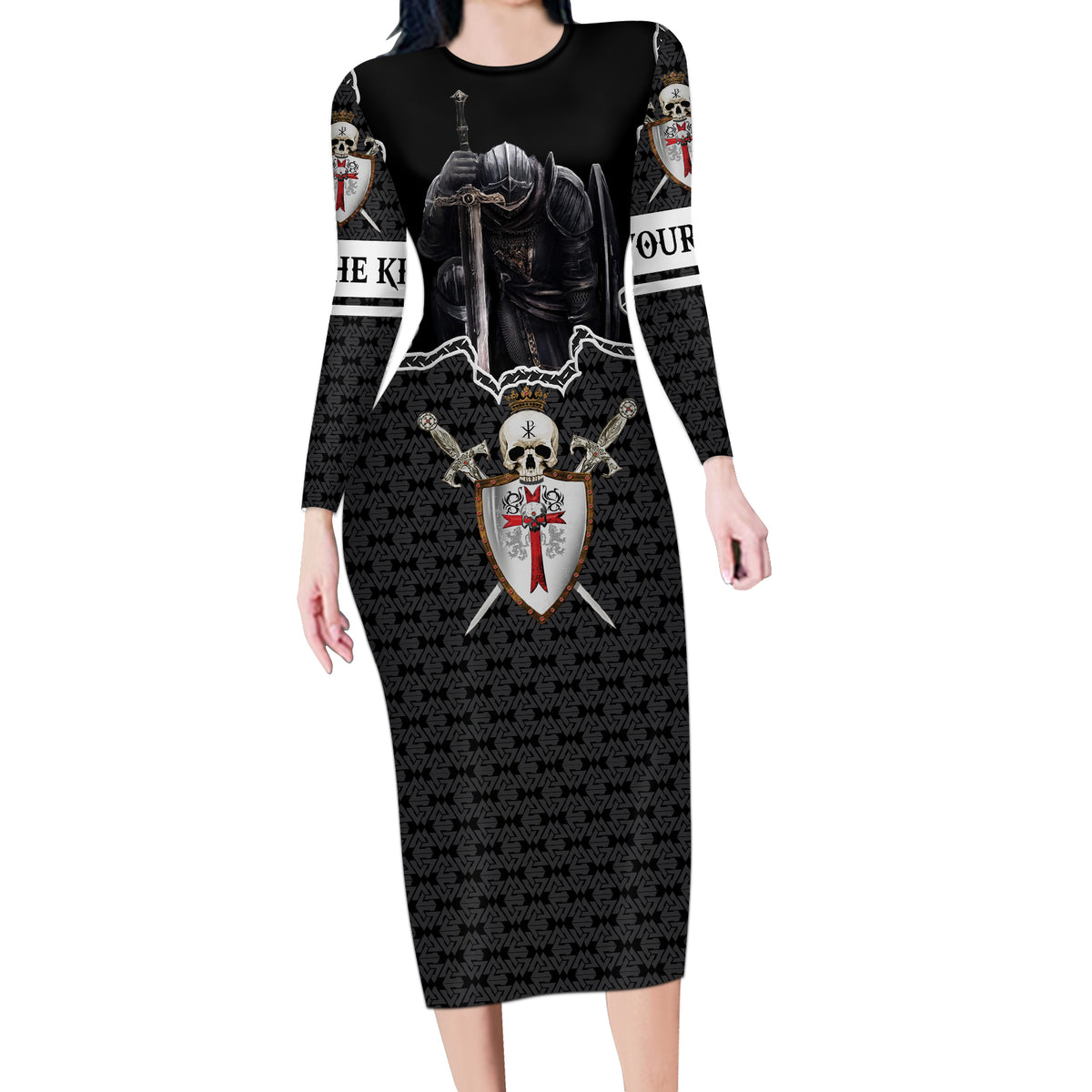 Personalised Knights Templar Warrior Skull Long Sleeve Bodycon Dress - Wonder Print Shop
