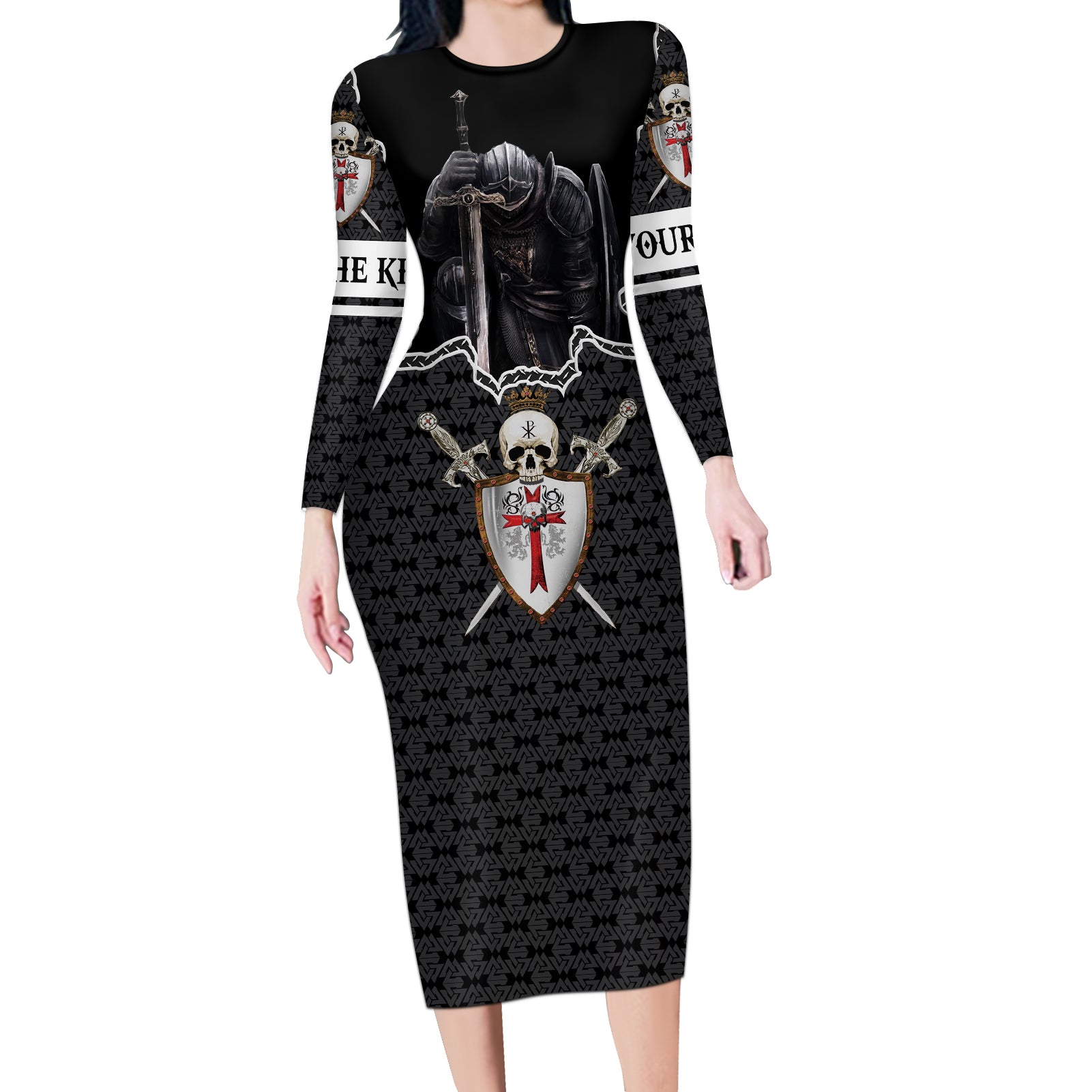 Personalised Knights Templar Warrior Skull Long Sleeve Bodycon Dress - Wonder Print Shop
