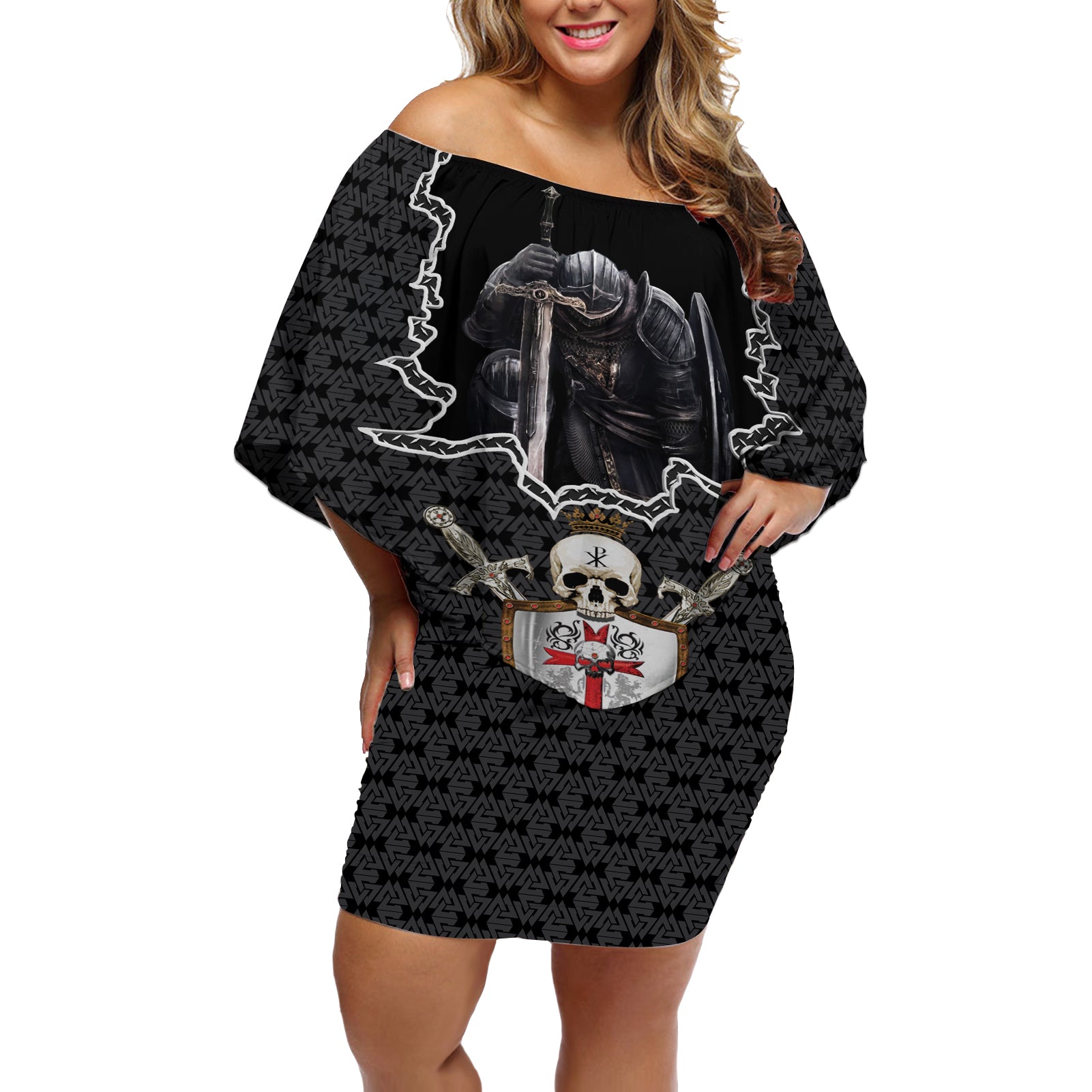 Personalised Knights Templar Warrior Skull Off Shoulder Short Dress - Wonder Print Shop