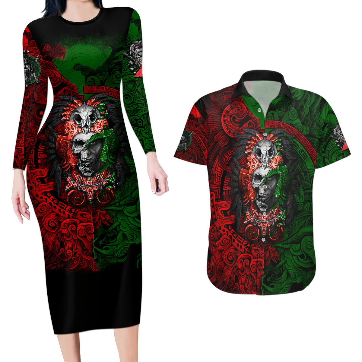 Skulls Aztec Warriors Couples Matching Long Sleeve Bodycon Dress and Hawaiian Shirt - Wonder Print Shop
