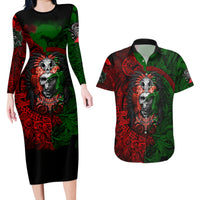 Skulls Aztec Warriors Couples Matching Long Sleeve Bodycon Dress and Hawaiian Shirt - Wonder Print Shop