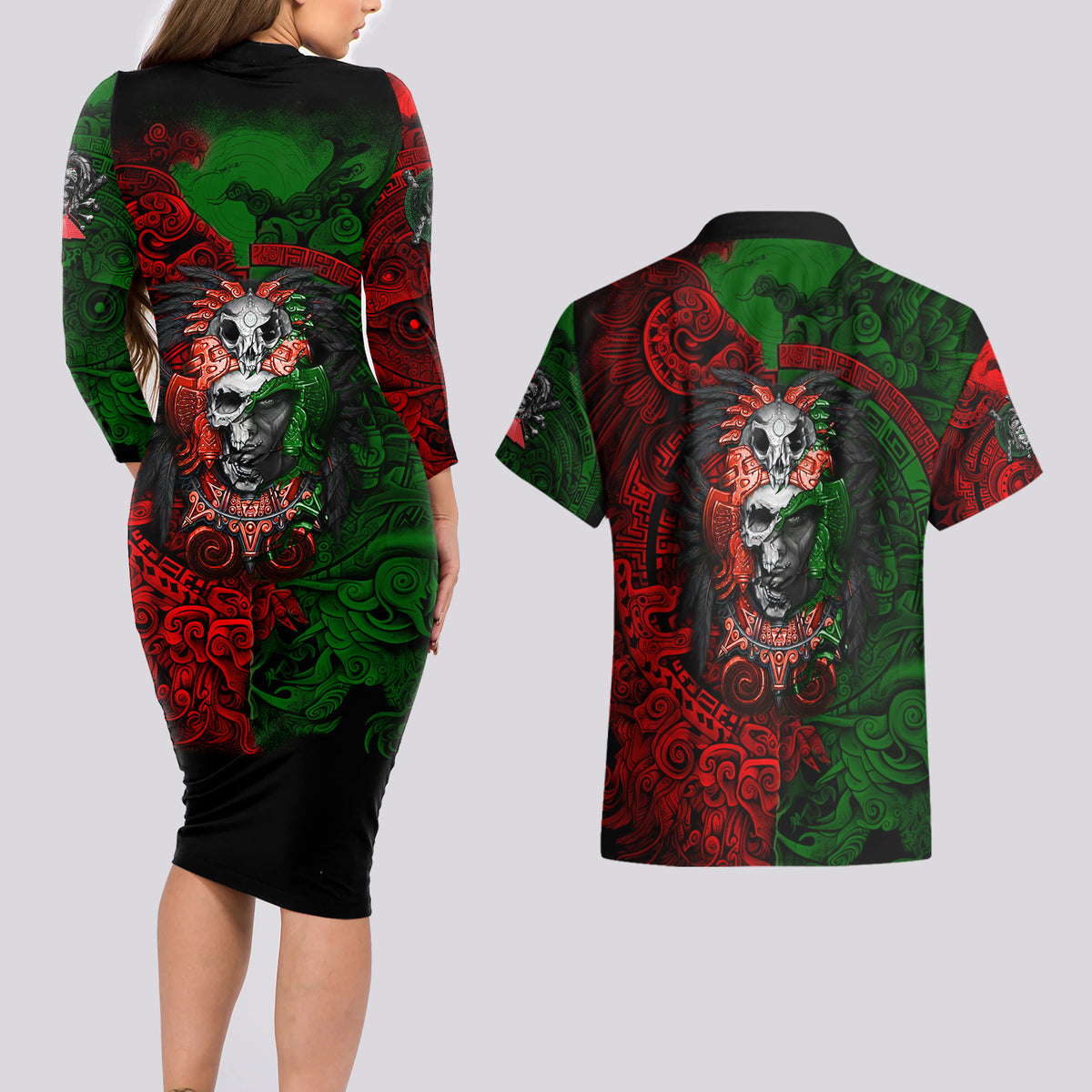 Skulls Aztec Warriors Couples Matching Long Sleeve Bodycon Dress and Hawaiian Shirt - Wonder Print Shop