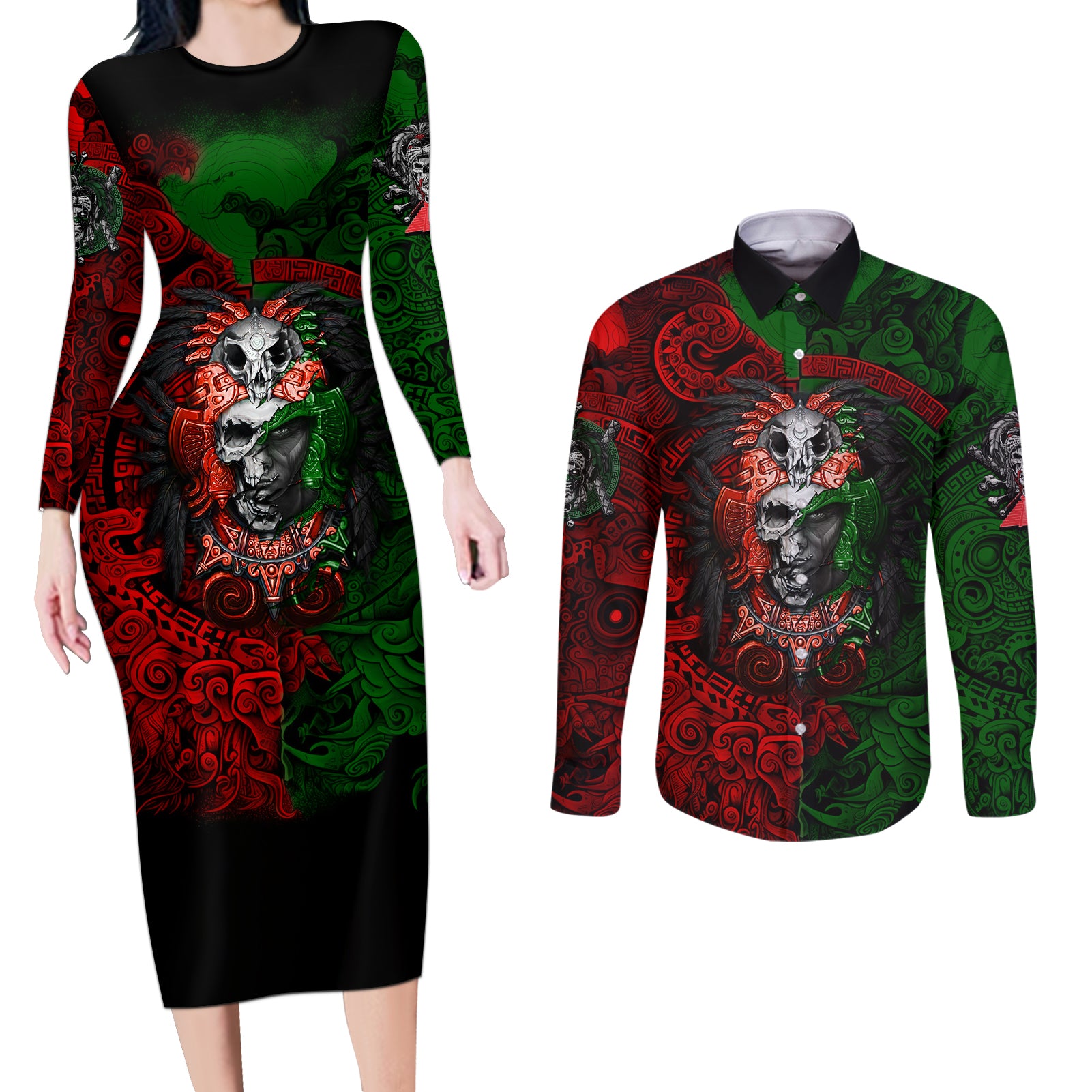Skulls Aztec Warriors Couples Matching Long Sleeve Bodycon Dress and Long Sleeve Button Shirts - Wonder Print Shop
