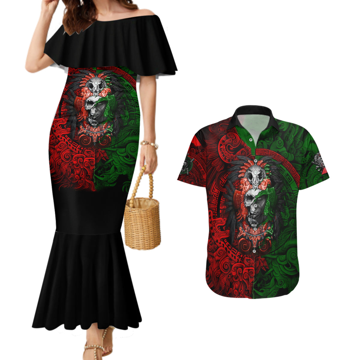 Skulls Aztec Warriors Couples Matching Mermaid Dress and Hawaiian Shirt - Wonder Print Shop