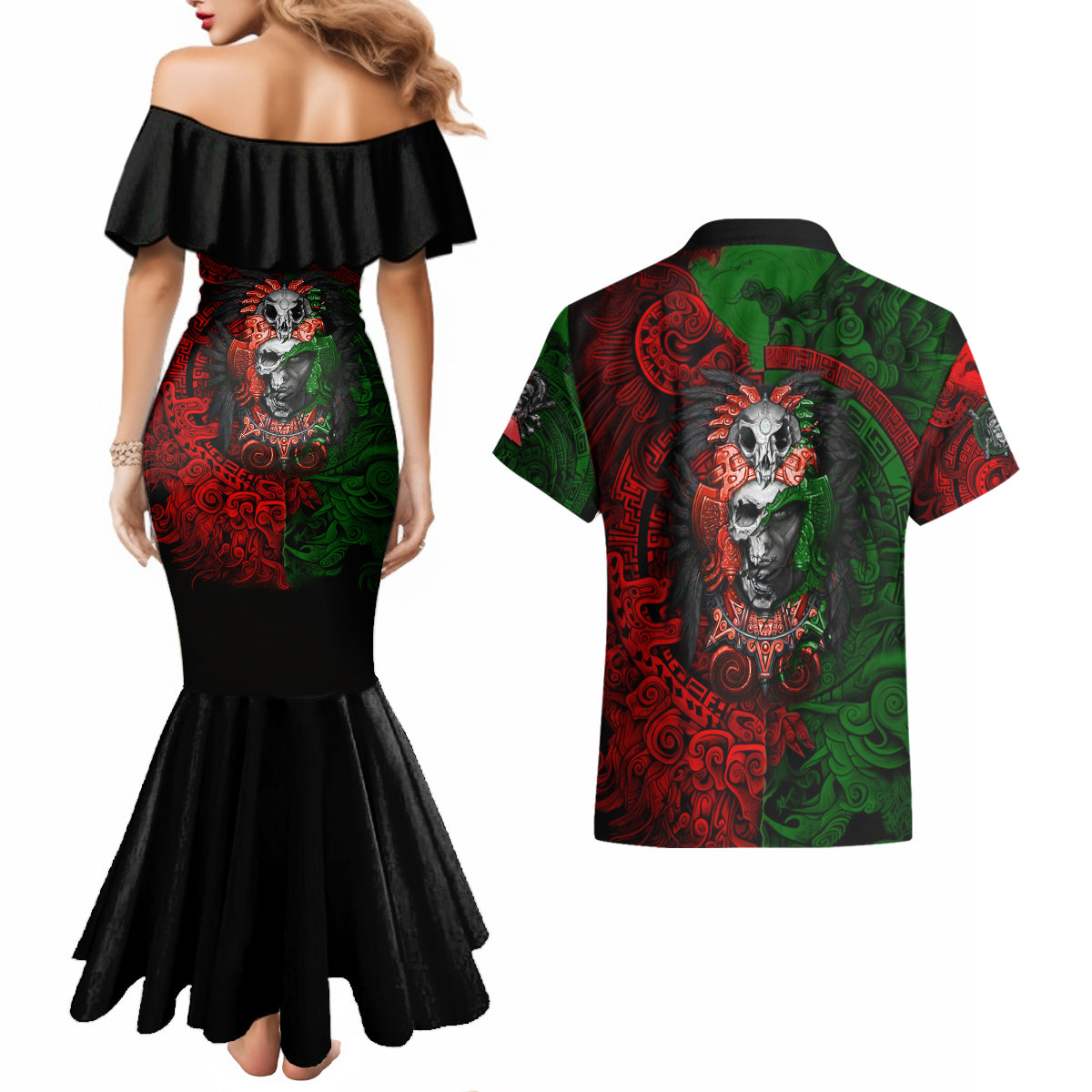 Skulls Aztec Warriors Couples Matching Mermaid Dress and Hawaiian Shirt - Wonder Print Shop