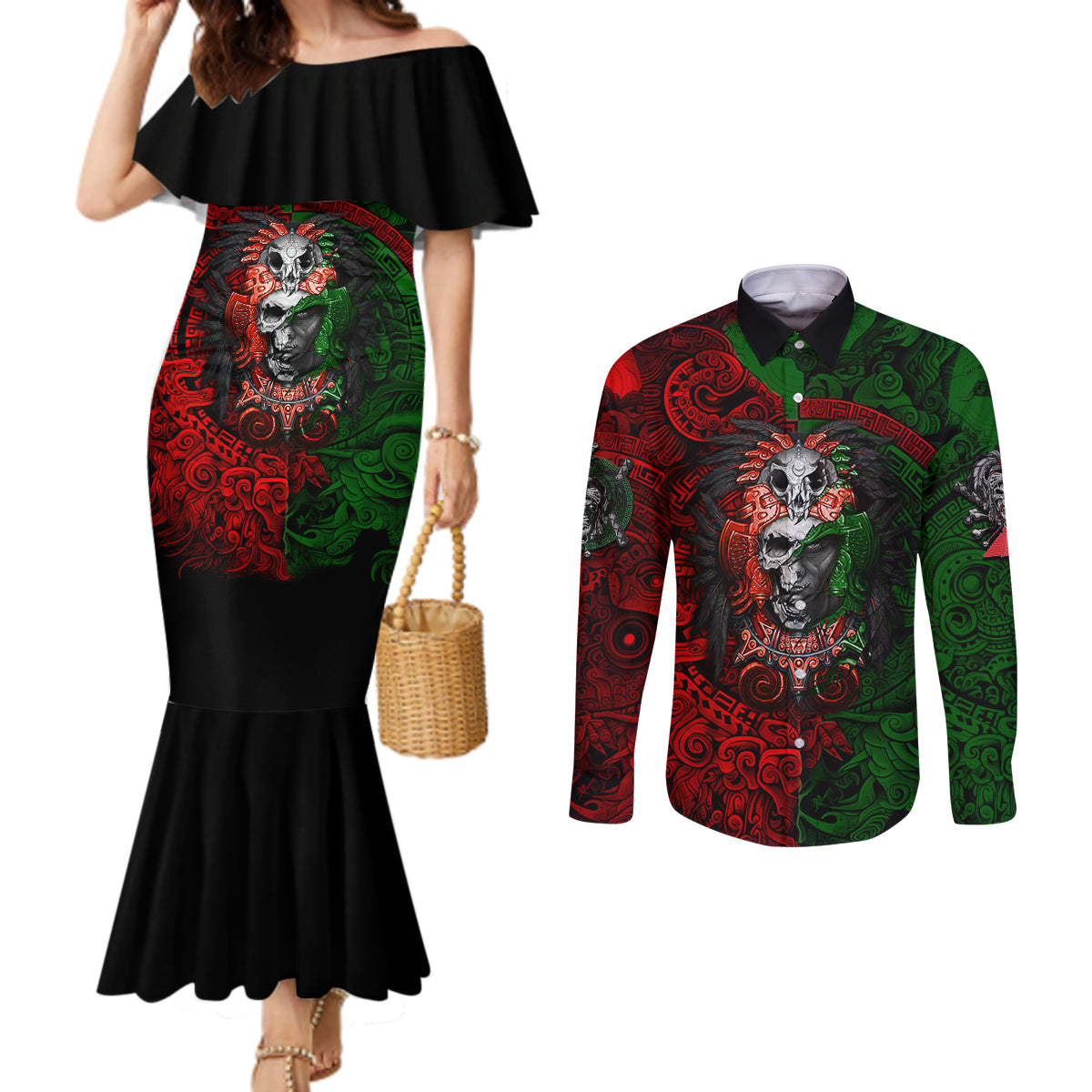 skulls-aztec-warriors-couples-matching-mermaid-dress-and-long-sleeve-button-shirts