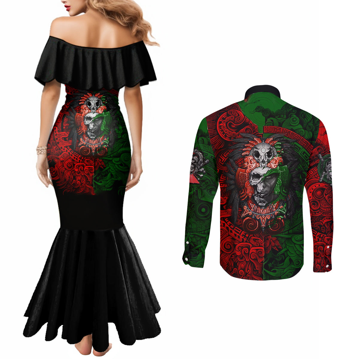skulls-aztec-warriors-couples-matching-mermaid-dress-and-long-sleeve-button-shirts