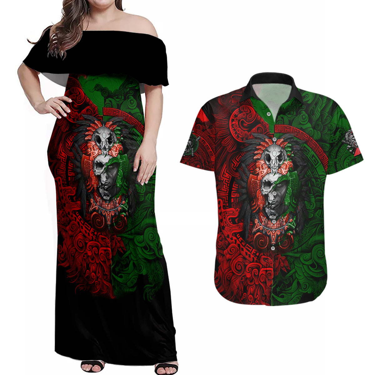 Skulls Aztec Warriors Couples Matching Off Shoulder Maxi Dress and Hawaiian Shirt - Wonder Print Shop