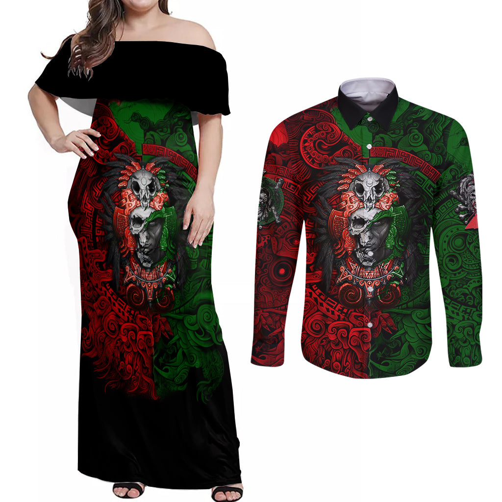 Skulls Aztec Warriors Couples Matching Off Shoulder Maxi Dress and Long Sleeve Button Shirts - Wonder Print Shop
