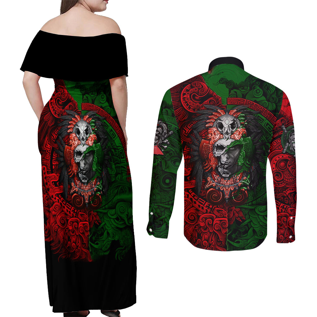 Skulls Aztec Warriors Couples Matching Off Shoulder Maxi Dress and Long Sleeve Button Shirts - Wonder Print Shop