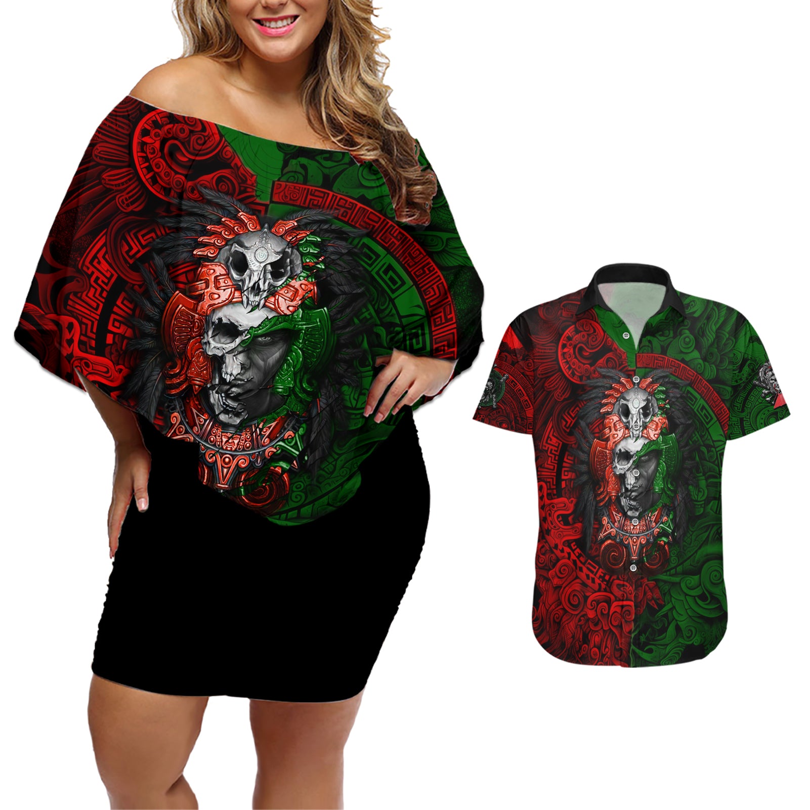 Skulls Aztec Warriors Couples Matching Off Shoulder Short Dress and Hawaiian Shirt - Wonder Print Shop