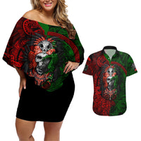 Skulls Aztec Warriors Couples Matching Off Shoulder Short Dress and Hawaiian Shirt - Wonder Print Shop