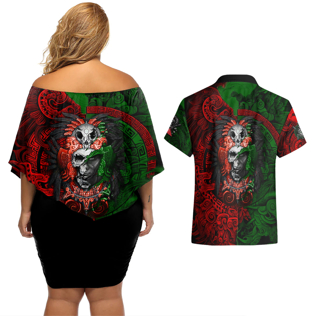 Skulls Aztec Warriors Couples Matching Off Shoulder Short Dress and Hawaiian Shirt - Wonder Print Shop
