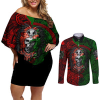Skulls Aztec Warriors Couples Matching Off Shoulder Short Dress and Long Sleeve Button Shirts - Wonder Print Shop