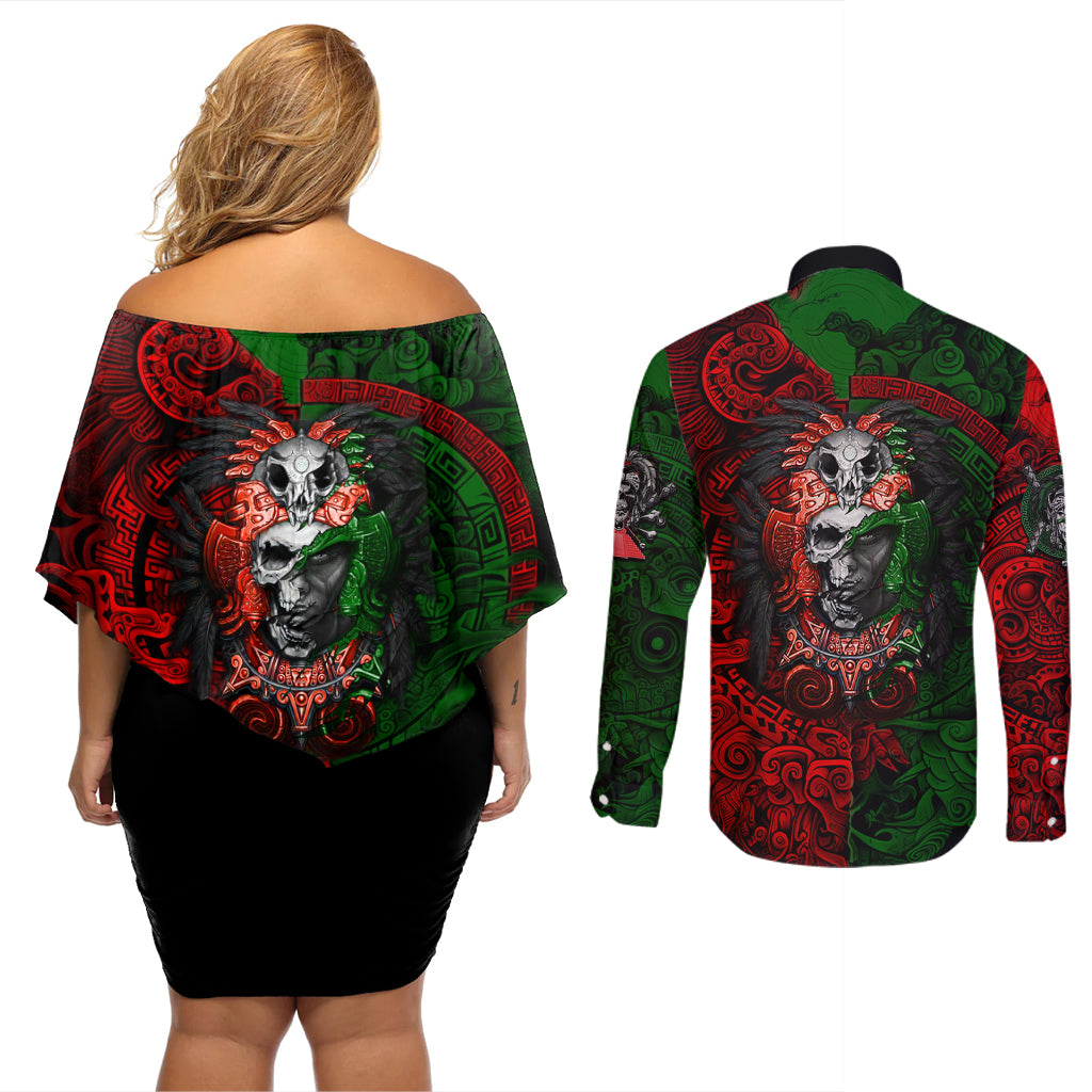 Skulls Aztec Warriors Couples Matching Off Shoulder Short Dress and Long Sleeve Button Shirts - Wonder Print Shop
